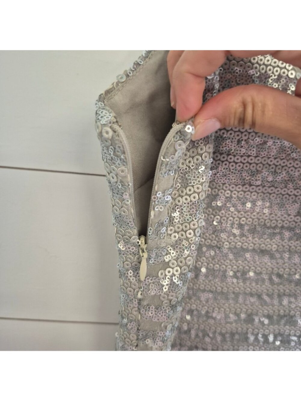 MM Couture By Miss Me Silver Sequin Mini Dress Lined With Side Zipper - Picture 5 of 6
